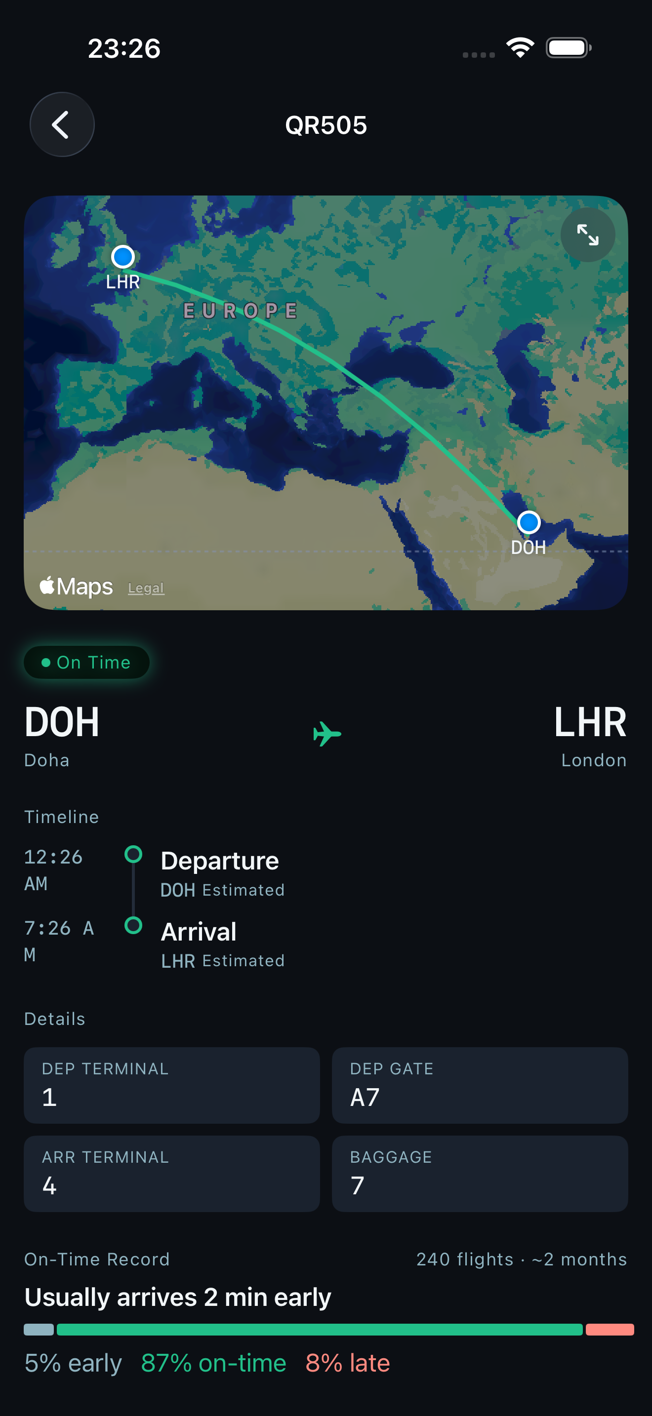 Aerofy flight detail screen with a live map header showing the aircraft en route, and a Block-out to Block-in event timeline below.