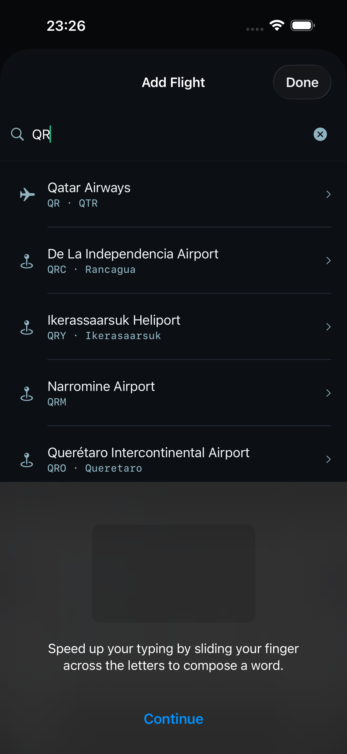 Aerofy search screen with instant flight suggestions by flight number, airline and airport.