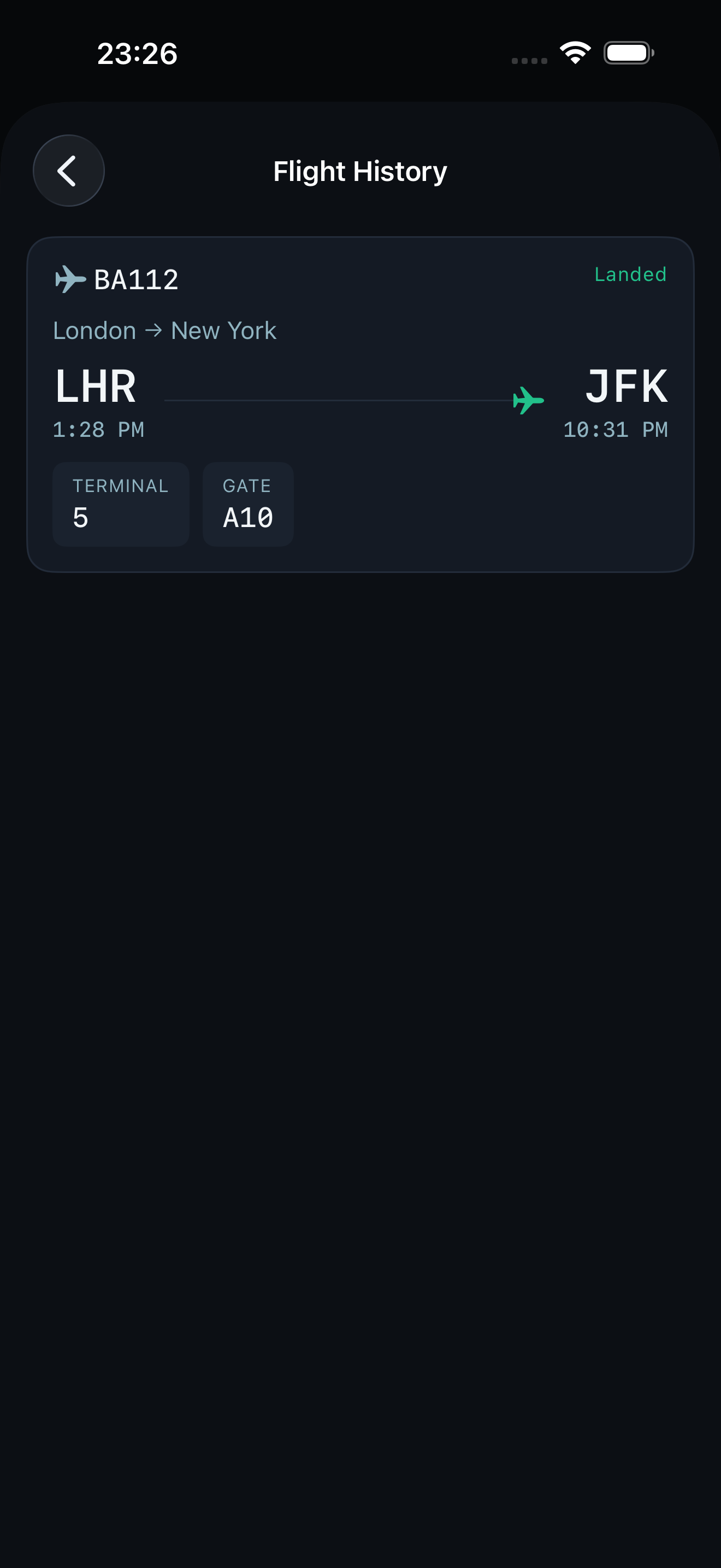 Aerofy flight history screen listing past trips with routes and dates, searchable at any time.
